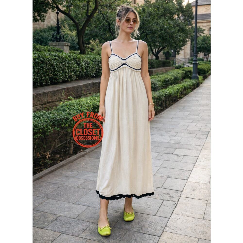Zara Cream Ecru Maxi Dress Contrast Trim Flowy Boho Resort Vacation Size M NWT - Picture 6 of 16